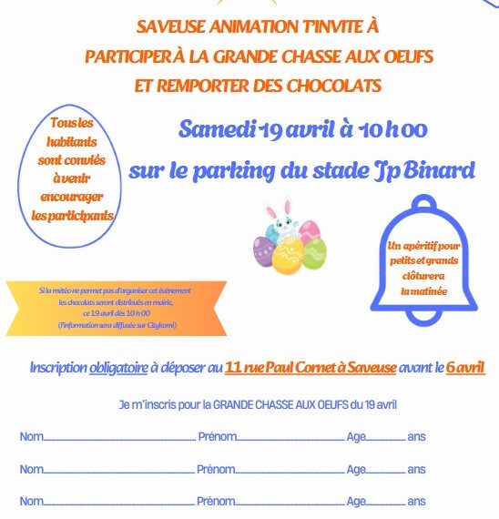 CHASSE AUX ŒUFS POUR LES ENFANTS DE SAVEUSE ÂGÉS DE 2 À 12 ANS