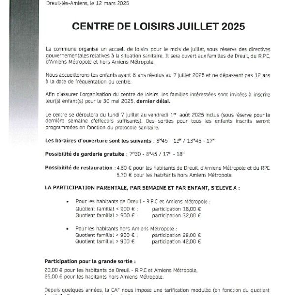 Inscriptions au centre aéré de Dreuil les Amiens